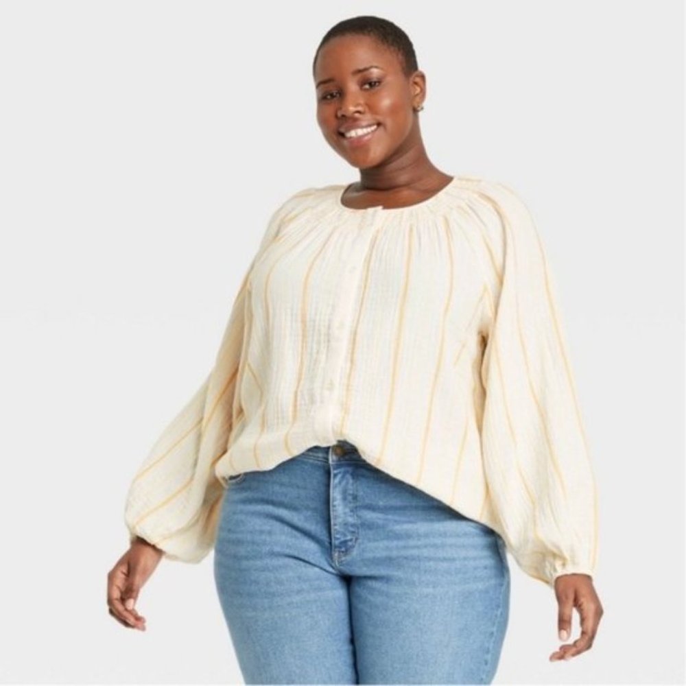 Ava & Viv Yellow Cream Stripe Gauze Blouse